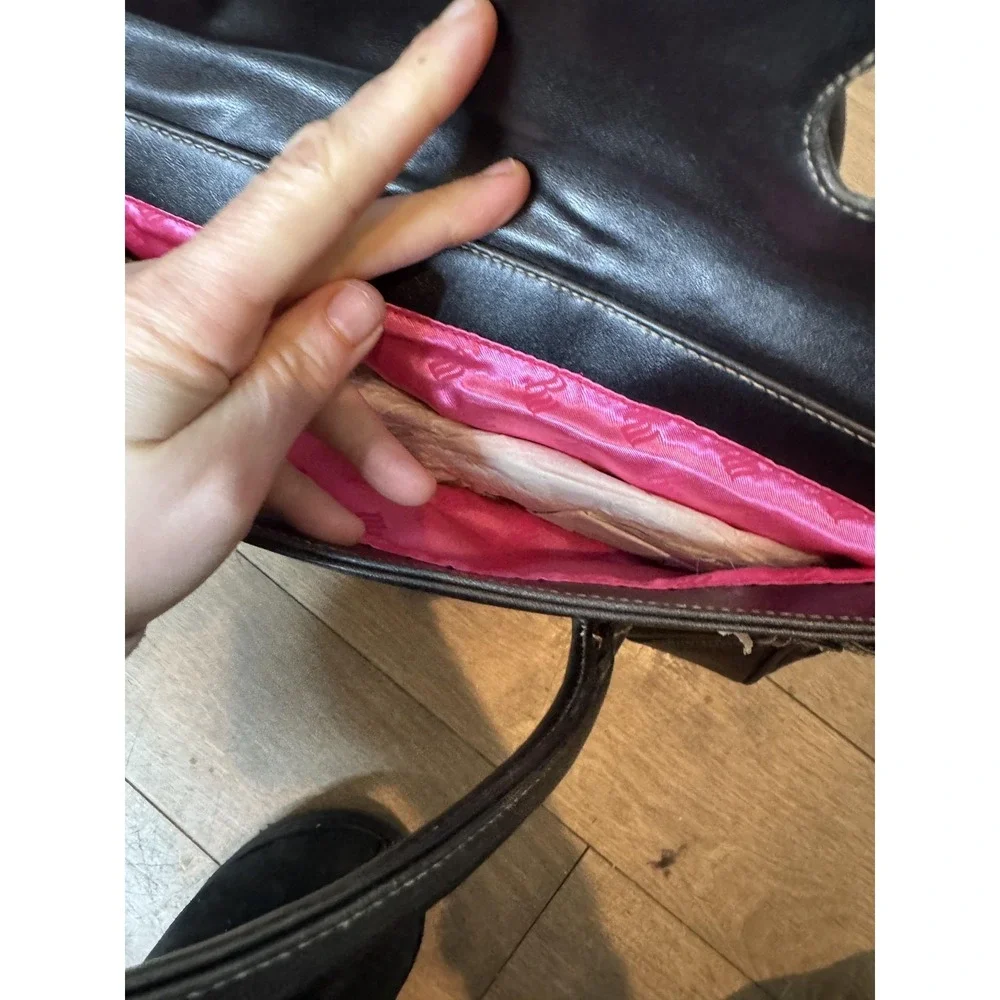 Rocawear Satchel Bag Womens Large Black Faux Leather Stripe Pink Lining Logo Y2K